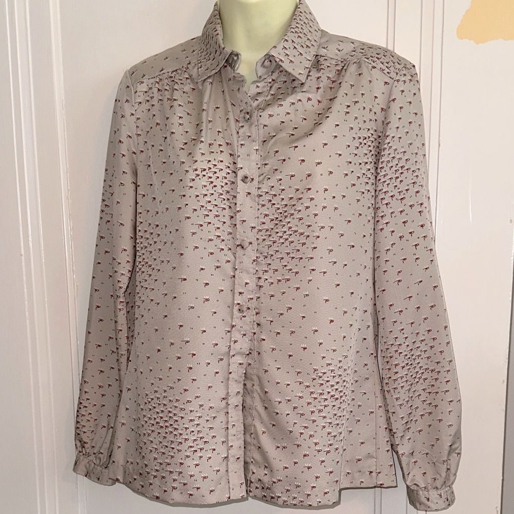 Vintage 70s/80s Panther Tan Thin Polyester Shirt with Tiny Orange & Brown Print‎